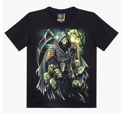 T-Shirt - XL - Faucheuse Capuche Grise avec sa Fourche et sa Chaîne aux 7 Crânes aux Yeux Vert, Lune, Arbre sur Fond Noir/Bleu/Gris