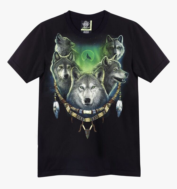 T-Shirt - 2XL - Portrait de Cinq Loups Gris/Blanc, Entourés d'un Collier Indien et sur Fond Vert avec Lune Loup. T-Shirt - 2XL - Portrait de Cinq Loups Gris/Blanc, Entourés d'un Collier Indien et sur Fond Vert avec Lune Loup.