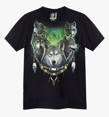T-Shirt - 2XL - Portrait de Cinq Loups Gris/Blanc, Entourés d'un Collier Indien et sur Fond Vert avec Lune Loup. T-Shirt - 2XL - Portrait de Cinq Loups Gris/Blanc, Entourés d'un Collier Indien et sur Fond Vert avec Lune Loup.