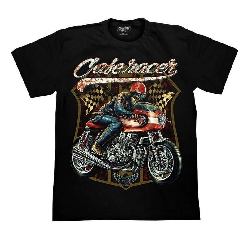 T-Shirt - XL - Pilote Moto de Course en Tenu Bleu, Casque Rouge "Crâne" & Moto & Réservoir Rouille/Orange - "Cake Racer"