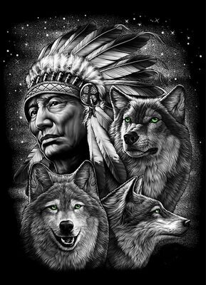 T-Shirt - XL - Portrait d'un Chef Indien et Trois Portraits de Loups avec leurs Yeux Vert sous un Fond Gris/Noir/Blanc.