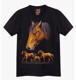 T-Shirt - XL - Portrait d'un Cheval Marron et de Trois Chevaux Marron aux galop dans une Prairie.