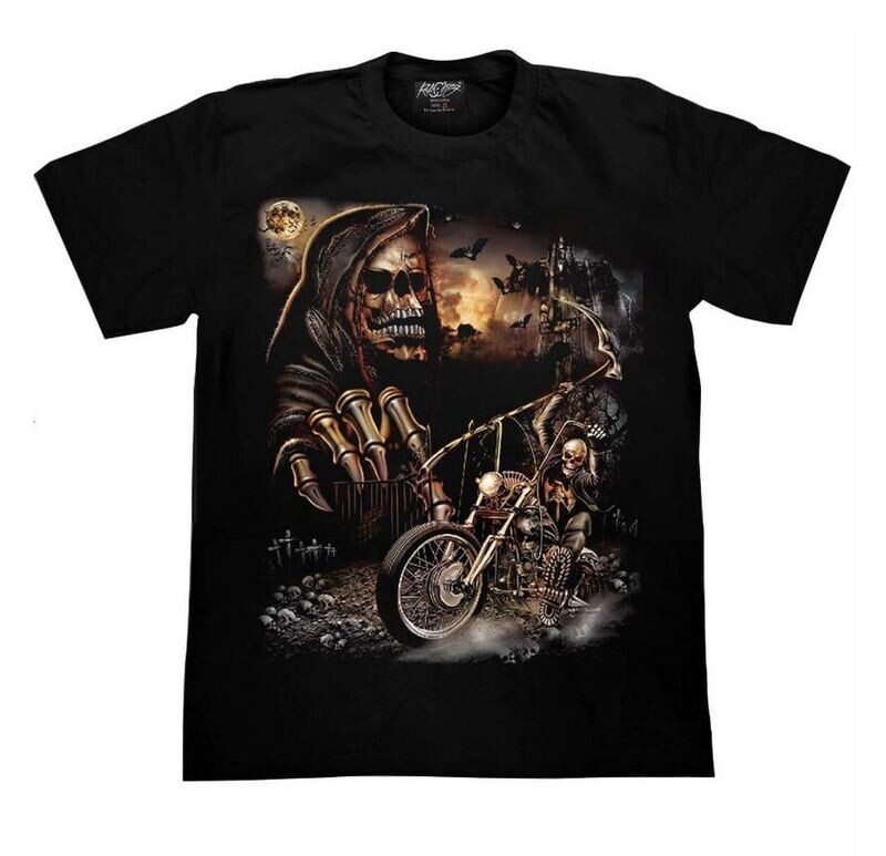 T-Shirt - M - Faucheuse Capuche Marron, Main vers Motard Biker Brandi la Fourche  de la Faucheuse dans un Cimetière Crânes Croix