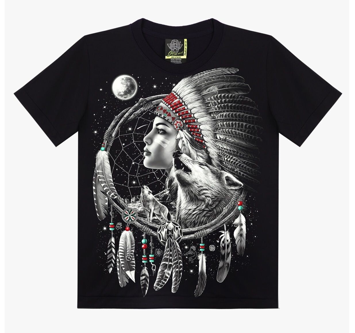 T-Shirt - 2XL - Portrait d'une Chef Indienne et un Portrait d'un Loup plus Quatre Loups qui Hurlent sur Rocher, sous une Lune avec des Étoiles, Entouré d'un Collier Indien à Plumes.