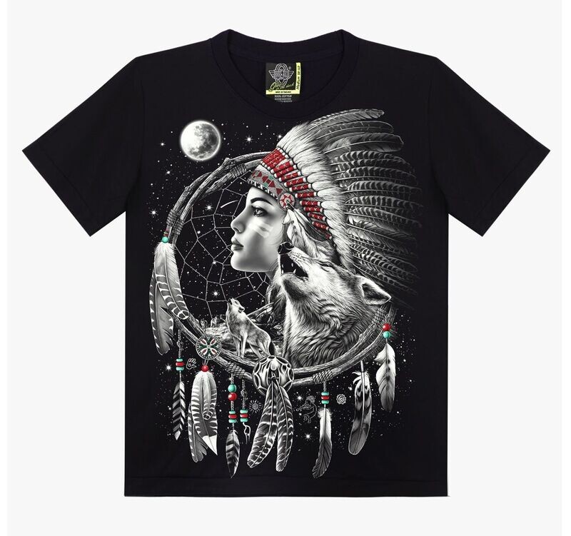 T-Shirt - 2XL - Portrait d'une Chef Indienne et un Portrait d'un Loup plus Quatre Loups qui Hurlent sur Rocher, sous une Lune avec des Étoiles, Entouré d'un Collier Indien à Plumes. T-Shirt - 2XL - Portrait d'une Chef Indienne et un Portrait d'un Loup plus Quatre Loups qui Hurlent sur Rocher, sous une Lune avec des Étoiles, Entouré d'un Collier Indien à Plumes.