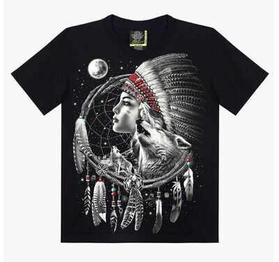 T-Shirt - 2XL - Portrait d'une Chef Indienne et un Portrait d'un Loup plus Quatre Loups qui Hurlent sur Rocher, sous une Lune avec des Étoiles, Entouré d'un Collier Indien à Plumes. T-Shirt - 2XL - Portrait d'une Chef Indienne et un Portrait d'un Loup plus Quatre Loups qui Hurlent sur Rocher, sous une Lune avec des Étoiles, Entouré d'un Collier Indien à Plumes.