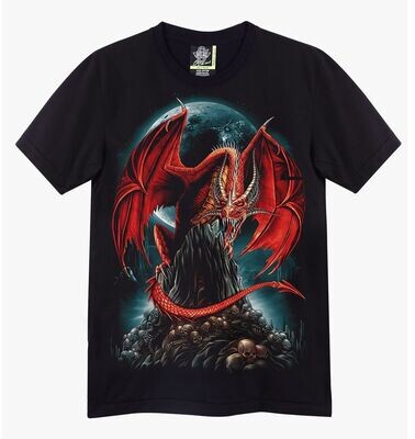 T-Shirt - S - Dragon Rouge Accroché sur une Montagne et de Multiples Crânes sur Fond Lune/Bleu