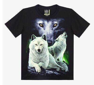T-Shirt - S - Deux Loups Blanc Assis sur un Rocher en Arrière Plan un Regarde d'un Loup sous un Fond Bleu/Nuit