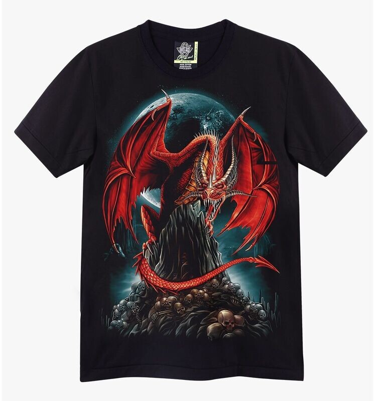 T-Shirt - M - Dragon Rouge Accroché sur une Montagne de Multiples Crânes sur Fond pleine Lune Vert/Bleu