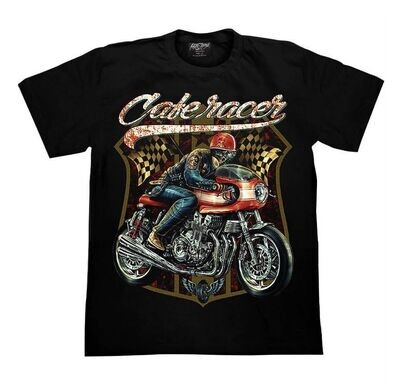 T-Shirt - M - Pilote Moto de Course en Tenu Bleu, Casque Rouge "Crâne" & Moto & Réservoir Rouille/Orange - "Cake Racer"