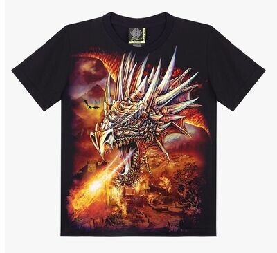 T-Shirt - L - Dragon Marron Vole sur un Village  en Crachant son Feu sous un  Fond Marron/Orange