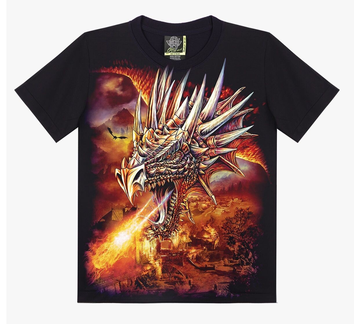 T-Shirt - M - Dragon Marron Vole sur un Village  en Crachant son Feu sous un  Fond Marron/Orange