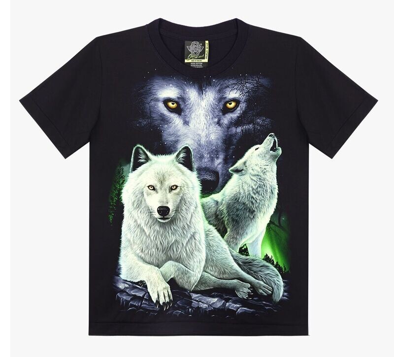 T-Shirt - M - Deux Loups Blanc Assis sur un Rocher en Arrière Plan un Regarde d'un Loup sous un Fond Bleu/Nuit