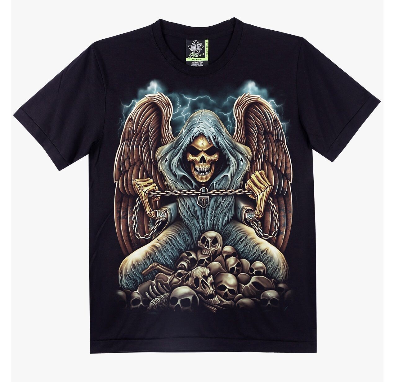 T-Shirt - L - Faucheur Capuche avec une Paire d'Ailes Enchaîné aux Mains par Cadenas & Assis sur Pile de Crânes sur Fond Marron Vert Bleu