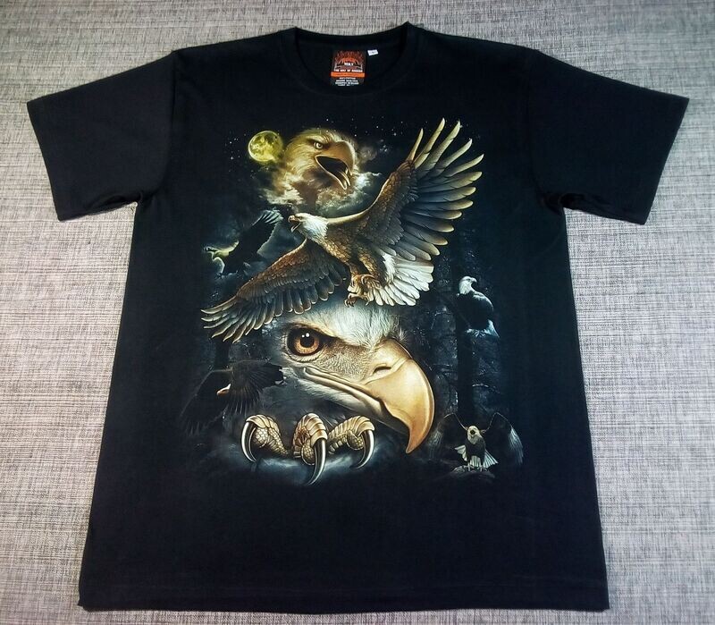 T-Shirt - L - Deux Portraits d'Aigles Blanc & Entourés de Cinq Aigles Blanc dans la Forêt avec Lune Jaune