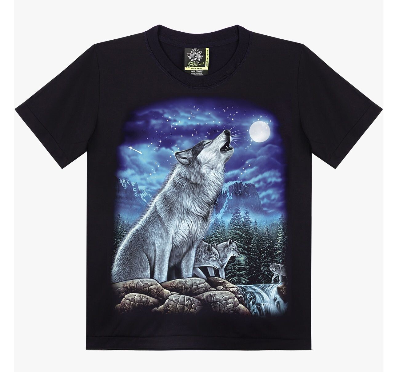 T-Shirt - L - Loup Assis Hurle à la Lune et Trois Loups sur Rocher, Rivière, Forêt Sapins sous un Fond Bleu/Nuit/Gris