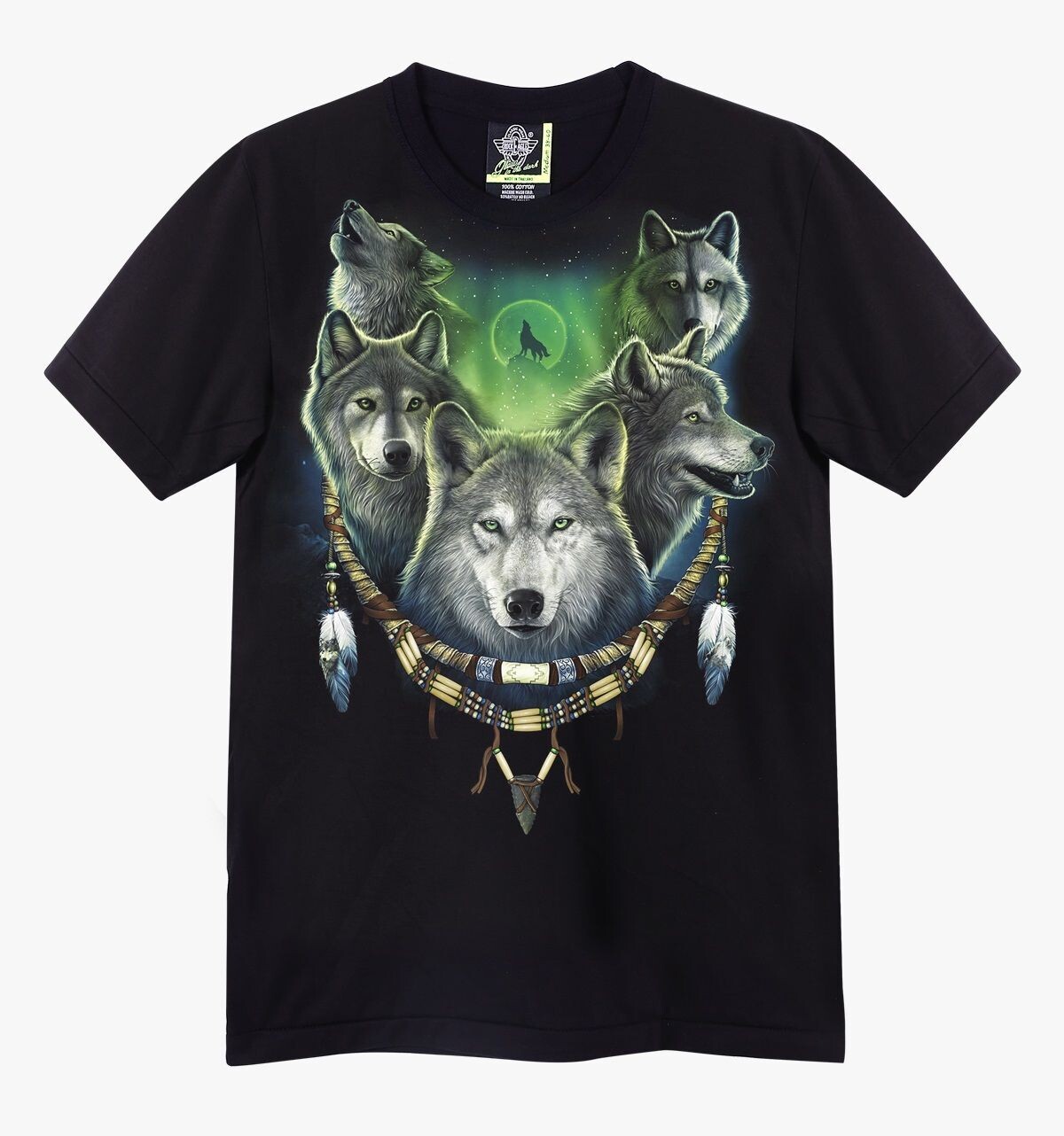 T-Shirt - L - Portrait de Cinq Loups Gris/Blanc, Entourés d'un Collier Indien et sur Fond Vert avec Lune Loup.