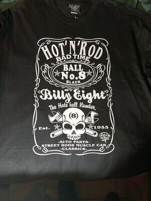 T-Shirt - 2XL - Billy Eight - Hot'N'Rod & Crâne Blanc, 2 Clef à Molettes en X, Ball N°8, Encadrement Blanc