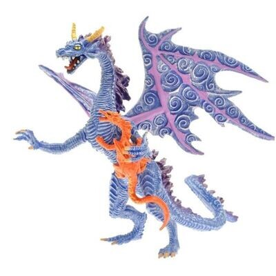 Figurine Plastoy - La Dragonne & son Bébé de Couleur Bleu/Violet & Orange en Posture Arrière sur ses deux Pattes