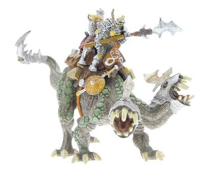 Figurine Plastoy - Le Lézard d'attaque avec ses de deux têtes et ses deux cavaliers avec Hache et Archer.
