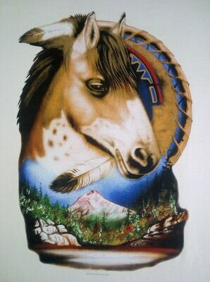T-SHIRT - M - Portrait de Cheval Camel Indien et un Collier à 2 Plumes sur  Montagne