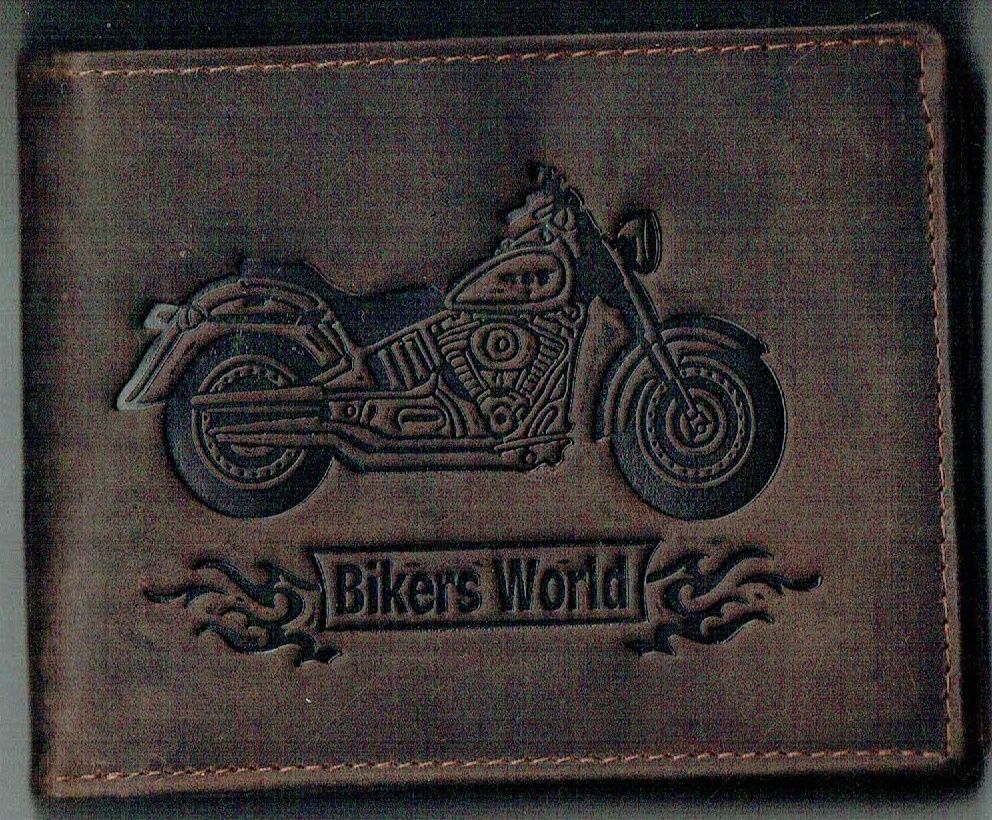 Porte-Feuille 149 Imprimé "Moto Bikers World" - Cuir de Vachette - Marron Vieilli - Système RFID Horizontal
