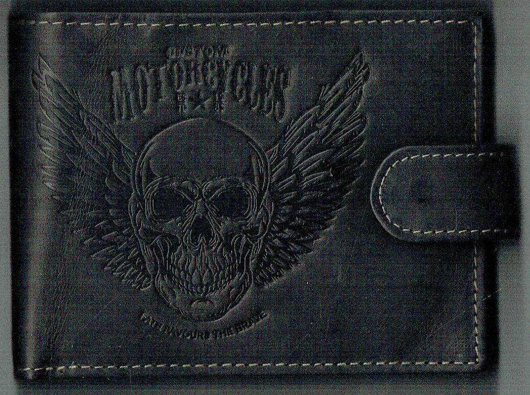 Porte-Feuille 156 Imprimé "Crâne & Paire d'Aile" - Cuir de Vachette - Noir Vieillie - Système RFID Horizontal
