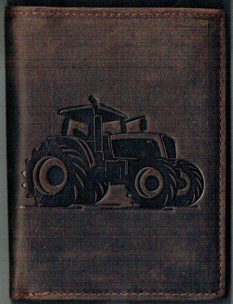 Porte-Feuille 120 Imprimé "Tracteur", De Couleur Marron Vieilli, Cuir de Vachette Système RFID Anti-Transfère CB, Vertical