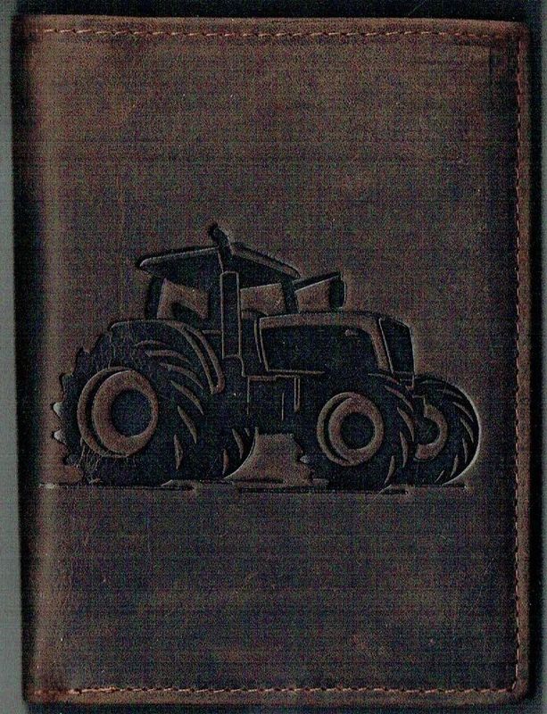Porte-Feuille 120 Imprimé "Tracteur", De Couleur Marron Vieilli, Cuir de Vachette Système RFID Anti-Transfère CB, Vertical