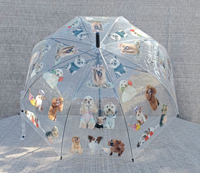 Parapluie Cloche Transparent Imprimé Chiens & Poignée Noire L85 et une Envergure de 90 cm
