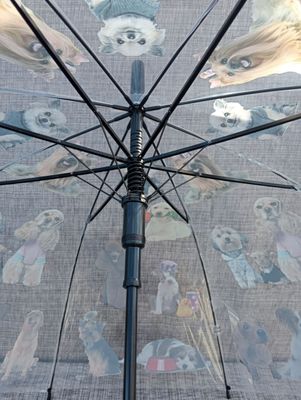 Parapluie Cloche Transparent Imprimé 4 Chiens & Poignée Noire L85 et une Envergure de 90 cm