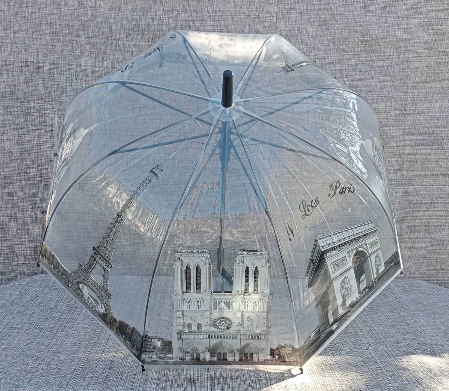 Parapluie Cloche Transparent Imprimé de 4 Monuments "Paris" & Poignée Noire L85 et une Envergure de 90 cm
