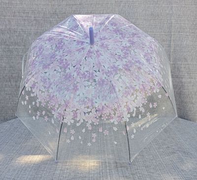 Parapluie Cloche Transparent Imprimé de Multiple "Fleurs Rose" & Poignée Bleue L85 et une Envergure de 90 cm