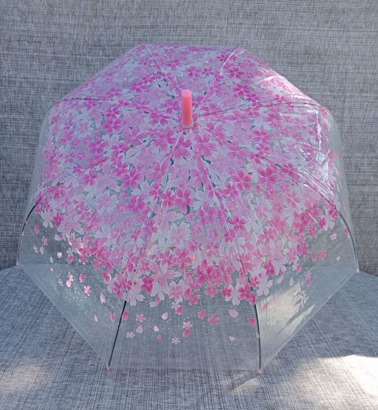 Parapluie Cloche Transparent Imprimé de Multiple "Fleurs Rose" & Poignée Rose L85 et une Envergure de 90 cm