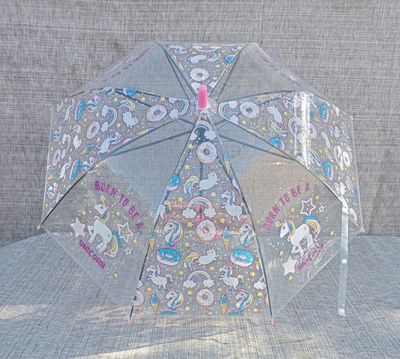 Parapluie Enfant Transparent avec impression de Licornes & Logo "Born To Be a Unicorn - Poignée Rose & Envergure de 70 cm