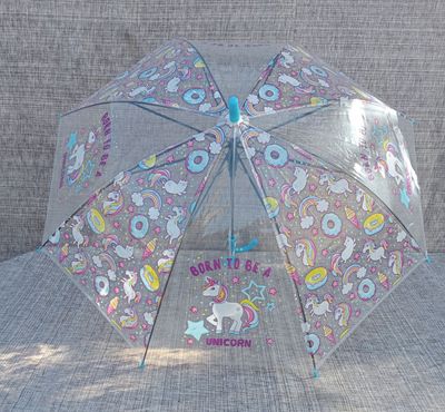 Parapluie Enfant Transparent avec impression de Licornes & Logo "Born To Be a Unicorn - Poignée Bleue & Envergure de 70 cm