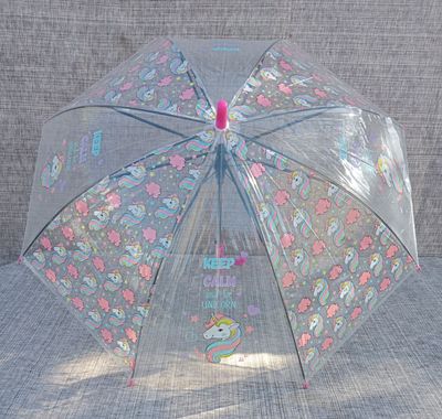 Parapluie Enfant Transparent avec impression de Licornes & Logo "Keep Caln and Be Unicorn - Poignée Rose & Envergure de 70 cm