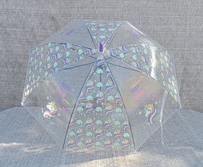 Parapluie Enfant Transparent avec impression de Licornes & Logo "Keep Caln and Be Unicorn - Poignée Violet & Envergure de 70 cm