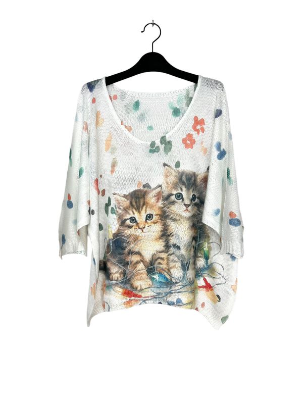 Tunique "Fantaisie" - Deux Chatons Jouent avec une Ficelles et Entourés de Fleurs sur un Fond Blanc/Crème