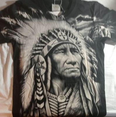 T-Shirt - L - Portrait d'un Chef Indien avec au Cou une Médaille sur Fond Montagne  Gris/Blanc