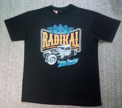 T-Shirt - XL - Un Hot Rod-Engine en Gris avec Logo "Radikal" dessus une Couronne Bleu.