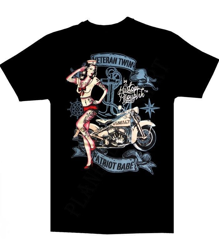 T-Shirt Noir - L - Moto Couleur Camel Militaire "USN41471" avec sa Pin Up Représente "Patriot Babe pour les  Vétéran Twin".