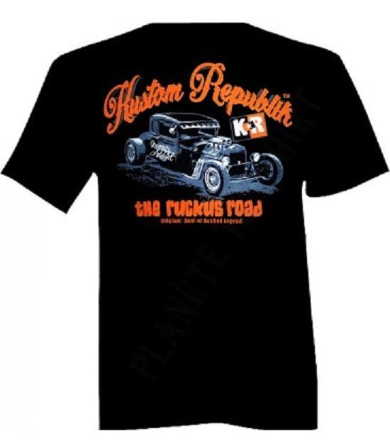 T-Shirt - L - Un Hot Rod Noir avec Portrait d'un Crâne Rock Chevelure Noir pour "The Ruckus Road" d'un "Greaser Addikt".