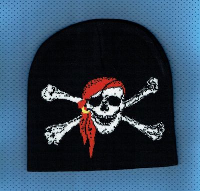 Un Bonnet Noir avec une Déco "Crâne 2 Os Blanc, Bandana Rouge", Pirate où Biker