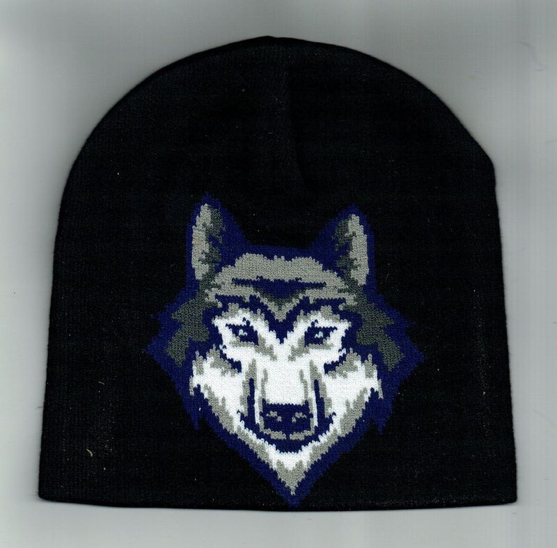 Un Bonnet Noir avec une Déco "Portrait d'un Loup", au Couleur bleu Nuit