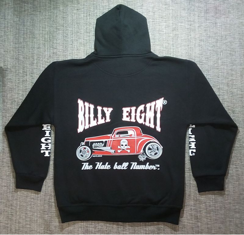 Un Sweat Un Sweat "Noir" de Taille 52/54, Retrouvez La Magnifique Marque "Billy Eight" Représente un "Hot Rod Rouge, Crâne 2 Os", et "The Hale Ball Number".