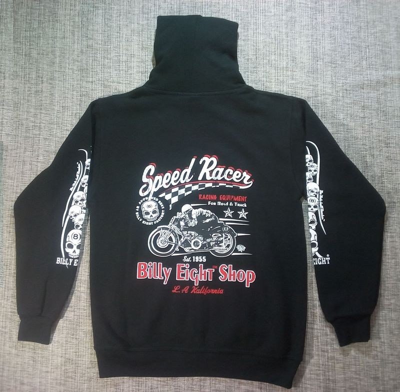 Un Sweat Un Sweat "Noir" de Taille 48/50, Retrouvez La Magnifique Marque "Billy Eight" Représente un "Moto Circuit, 1955, Shop", en gris/Blanc et "Speed Racer".