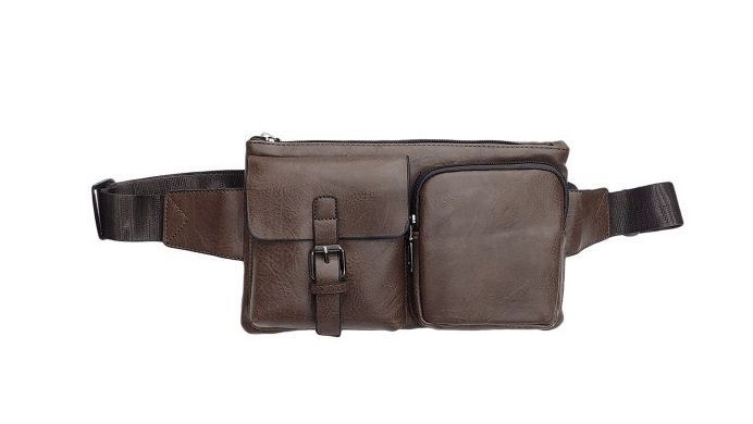 Sac Banane, "Deux Pochettes", De Couleur Marron avec Maintien à la Ceinture, Deux Pochettes à l'avant et 1 Compartiment Zippé à l'arrière.