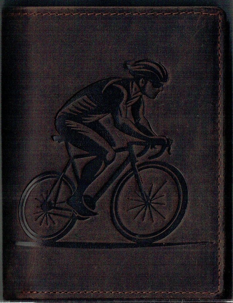 Porte-Feuille 120 Imprimé "Le Cycliste", De Couleur Marron Vieilli, Cuir de Vachette Système RFID Anti-Transfère CB, Vertical