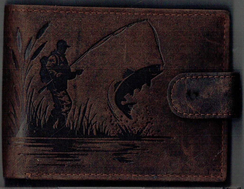 Porte-Feuille 156 Imprimé "Le Pêcheur" - Cuir de Vachette - Noir Vieillie - Système RFID Horizontal